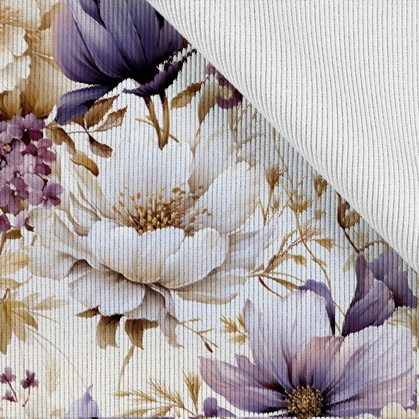 Tissu satin élastique aspect brillant fleurs violettes Vilma