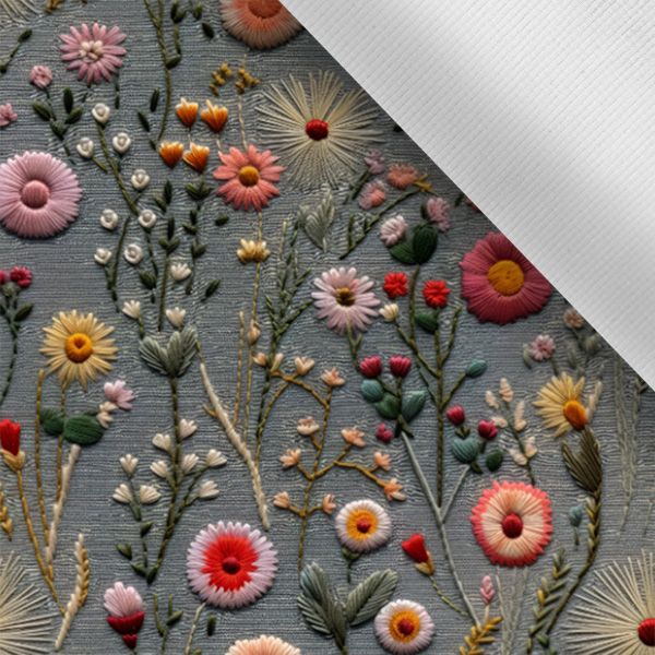 Tissu lin premium 185g fleurs de pré Antonia gris clair