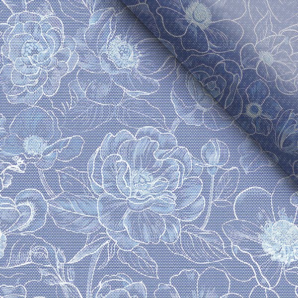 Tissu rayonne élastique Silky (soie artificielle) fleurs bleu de réserve
