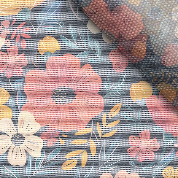 Tissu imprimé polyester imperméable TD/NS fleurs colorées sur bleu foncé