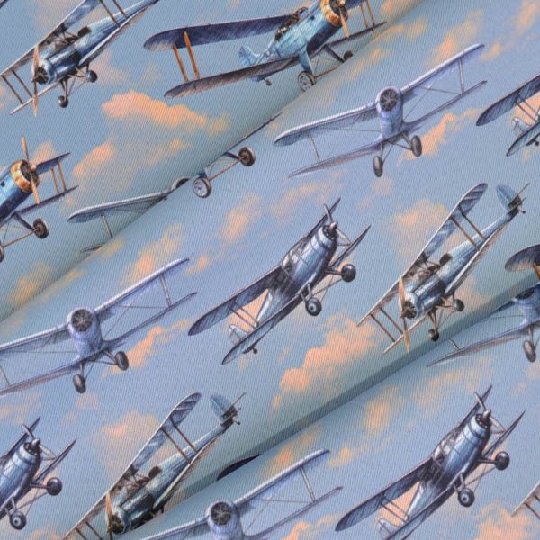 Coupon pour sac à jouets en polyester matelassé avions rétro bleus