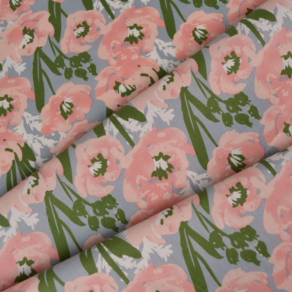 Tissu popeline de coton Bibi gris - fleur rose