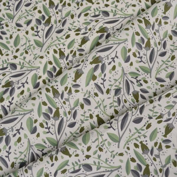 Tissu popeline de coton Zoya feuilles vertes sur blanc