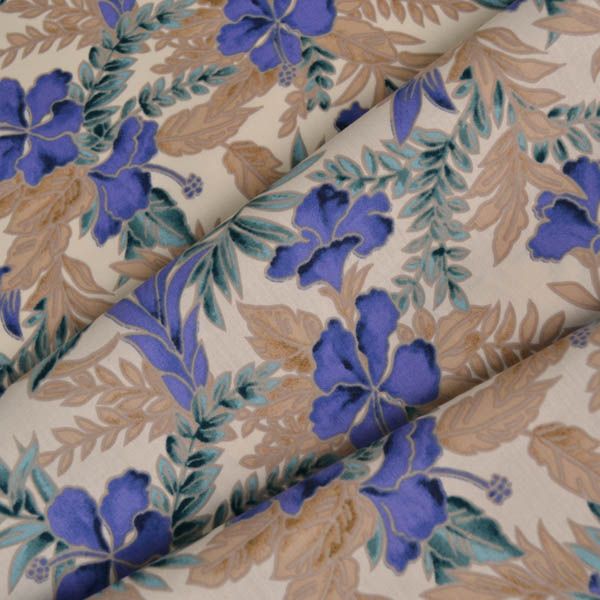 Tissu popeline de coton Miki ecru - fleur bleue