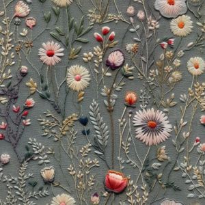 Gabardine polyester/ Rongo fleurs de pré Antonia gris