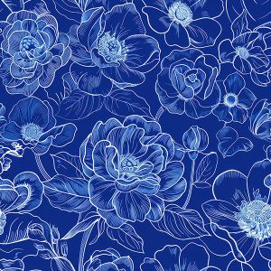 Satin élastique semi-mat fleurs bleu de réserve