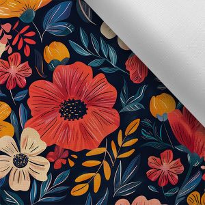 Tissu imprimé polyester imperméable TD/NS fleurs colorées sur bleu foncé motif MAXI