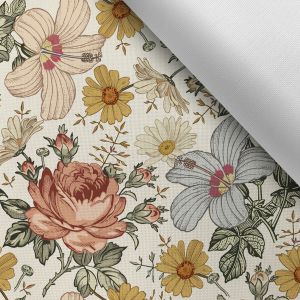 Tissu avec impression polyester imperméable TD/NS fleurs beiges sur ecru