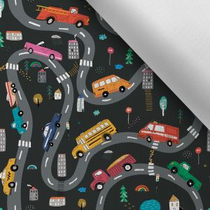 Tissu imprimé polyester imperméable TD/NS voitures colorées sur route grise