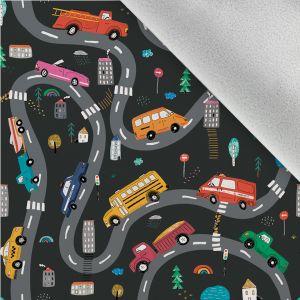 Tissu softshell hiver voitures colorées sur route grise