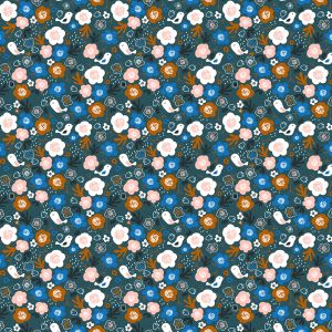 Tissu popeline de coton oiseau dans les fleurs bleu foncé