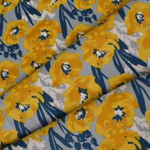 Tissu popeline de coton Bibi gris - fleur jaune