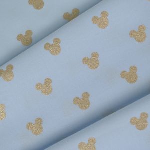 Tissu coton premium souris dorées sur bleu clair