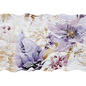 Dentelle élastique 8cm imprimé fleurs violettes Vilma