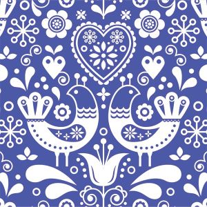 Tissu avec impression polyester imperméable TD/NS oiseaux folkloriques motif 2 blanc sur bleu