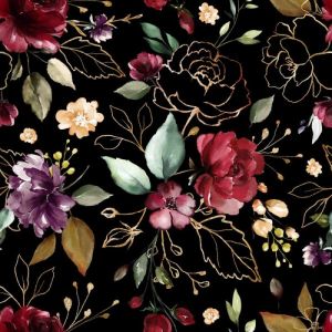 Toile lyocell fleurs d´or noir